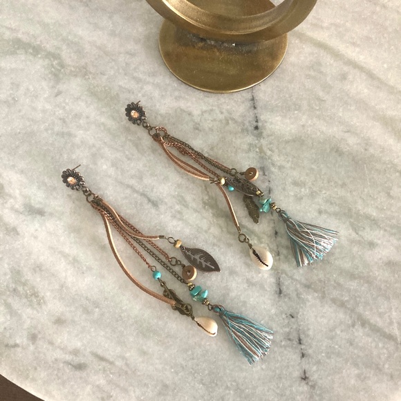 Leather Tassel Shell and Feather Boho Turquoise Earrings - Picture 2 of 7